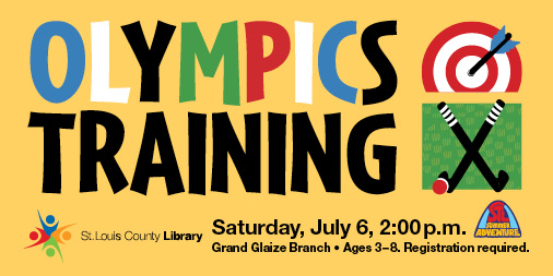 SLCL's tweet photo. The Summer Olympics are only a few weeks away! Get ready by trying your hand at archery, field hockey, gymnastics and more at the Grand Glaize Branch. Part of St. Louis Summer Adventure. Ages 3-8. Sign up at https://t.co/o7KI0AKoXg.
#STLSummerAdventure #summerreading https://t.co/gigMngfWOg