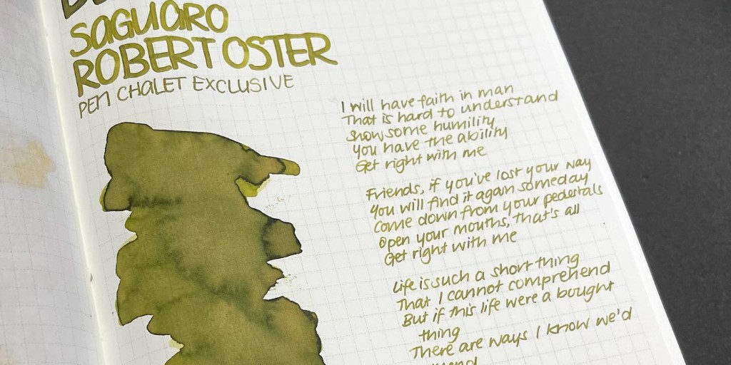 PenChalet's tweet photo. Read a Review: "Saguaro is an olive green with yellow tones in the shading, and it haloes beautifully in areas with more ink." 📷 by @inktipodes // Get more info about Robert Oster Saguaro ink: https://t.co/FYvsrWQ3ae #RobertOster #Review #InkReview #Ink #FountainPenInk #Green https://t.co/mRqE1XKYjd