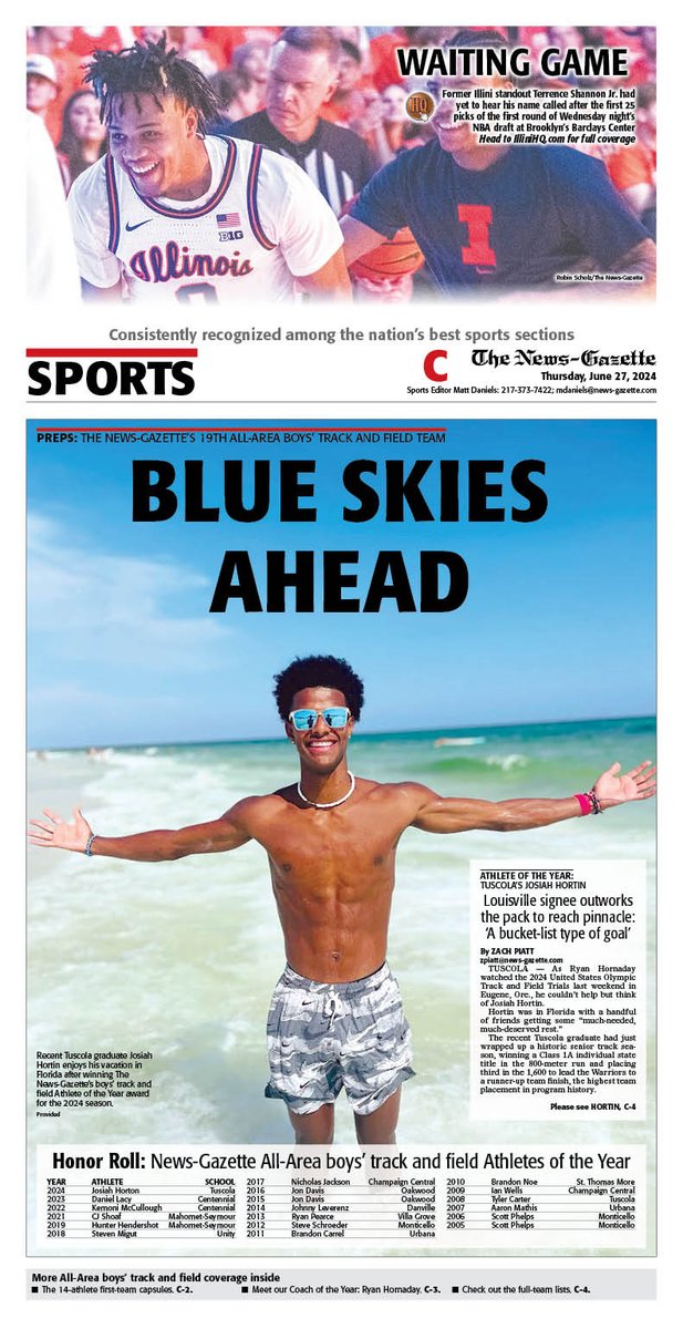 Thursday's N-G sports cover features <a href="/zachpiatt13/">Zach Piatt</a> on <a href="/TuscolaAD/">Tuscola HS Athletics</a> Josiah Hortin as our boys' track and field Athlete of the Year. 

<a href="/APSE_sportmedia/">APSE</a> 
<a href="/ngphotostaff/">News-Gazette Photo</a>