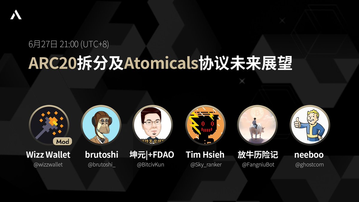 ⚛️ #Atomicals Talk 

🎯 ARC20 拆分的意义
💬 Atomicals协议未来展望
 
⏰6月27日 21:00 (UTC+8) 
👏嘉宾：
<a href="/Brutoshi_/">brutoshi</a>
<a href="/BitcivKun/">坤元|🌈🔥⚛️</a>
<a href="/Sky_ranker/">Tim Hsieh</a>
<a href="/FangniuBot/">放牛历险记</a>
<a href="/ghostcorn/">neeboo</a>
 and more!