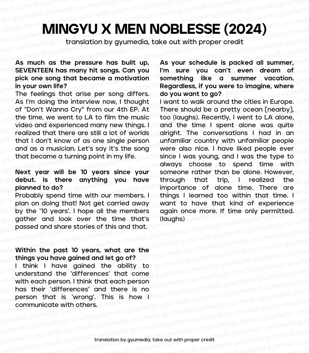 [TRANS] MINGYU FOR BULGARI X MEN NOBLESSE
FULL INTERVIEW ENG TRANSLATION #MINGYU #민규 

"I think I’m running through my most precious youth. I hope that when I look back at this time in the distant future, I will think of it as the most passionate [time of my life]. I hope that