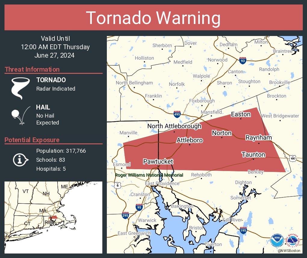 NWStornado's tweet photo. Tornado Warning including Pawtucket RI, Taunton MA and  Attleboro MA until 12:00 AM EDT https://t.co/V63Im6DKyt