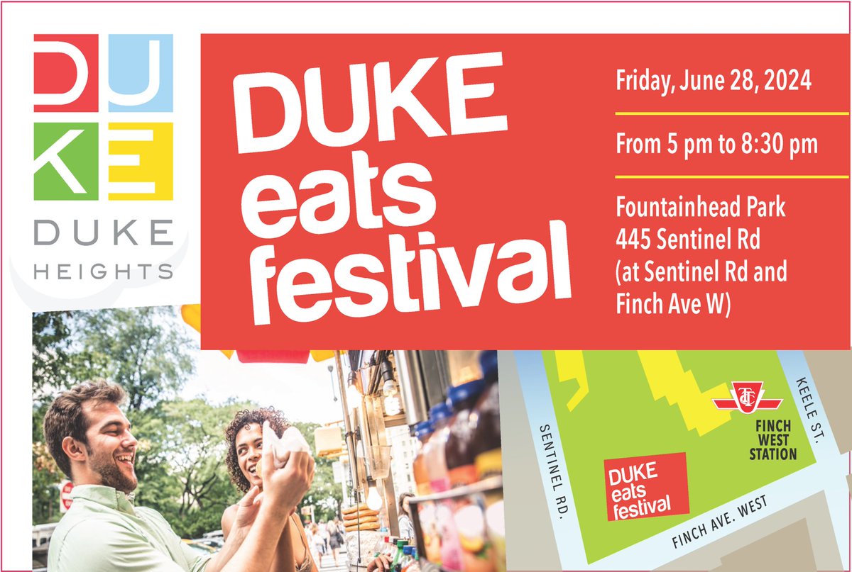 #DUKEEatsFestival 
Friday, June 28, from 5:00 PM
Venue: Fountainhead Park, 445 Sentinel Rd, North York

It's a FREE event. Everyone is welcome!

#DUKEeats #foodfestival #delicious #outdoor