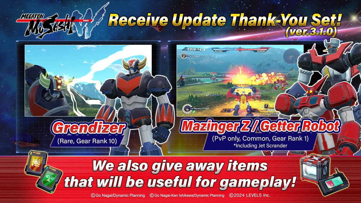 L5_musashi_EN's tweet image. To celebrate the release of ver.3.1.0, we are distributing rogue parts of #Grendizer, #GetterRobo and #MazingerZ!
Just by updating, you can pilot the legendary mechs!

We also give away useful items for gameplay!
#MEGATONMUSASHI
#Goldorak