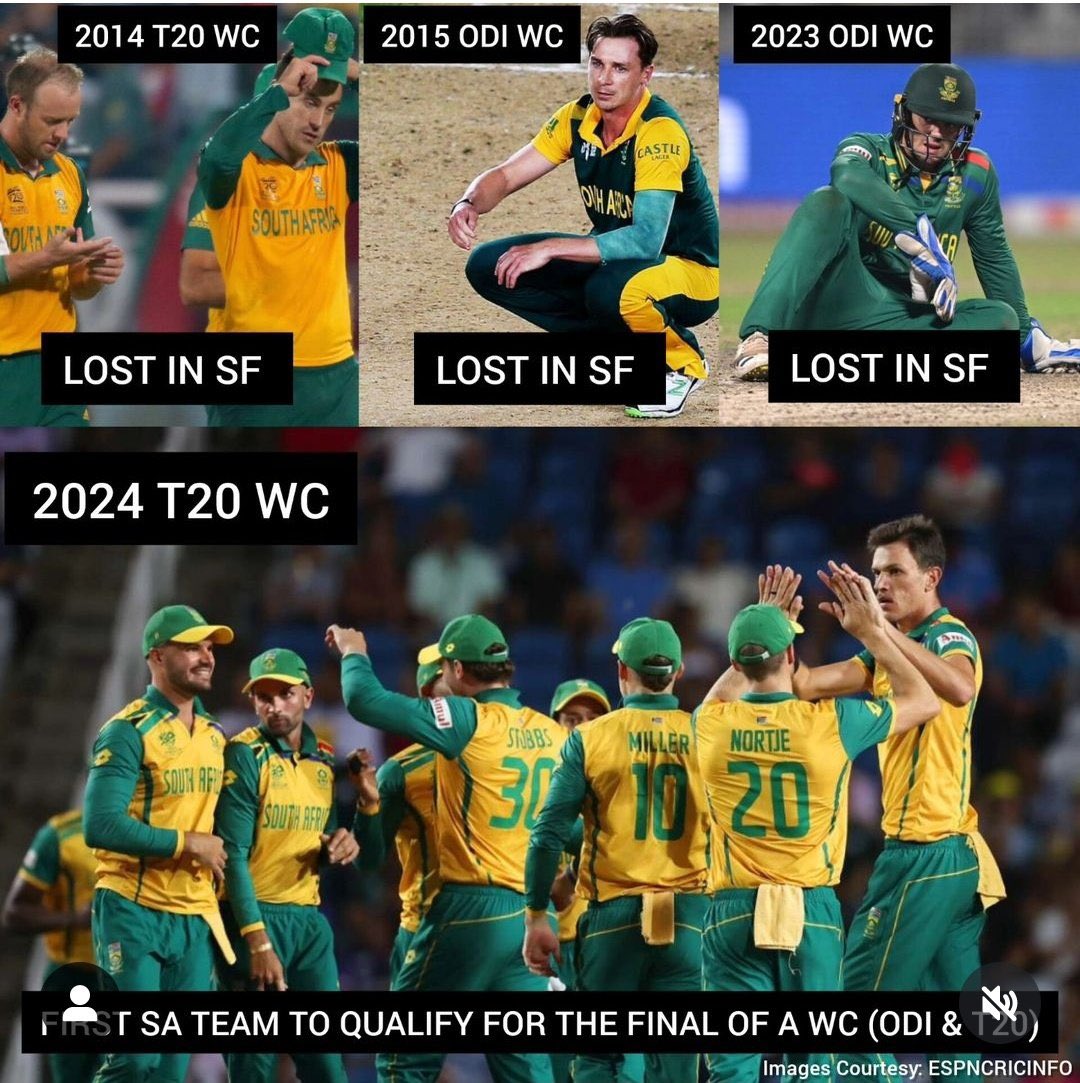 #SAvAFG
🇿🇦 LOST the 1992 WC Semi-Final 
🇿🇦 LOST the 1999 WC Semi-Final 
🇿🇦 LOST the 2007 WC Semi-Final
🇿🇦 LOST the 2009 T20WC SF
🇿🇦 LOST the 2014 T20WC SF 
🇿🇦 LOST the 2015 WC Semi-Final

🇿🇦 have now WON A WORLD CUP SEMI-FINAL