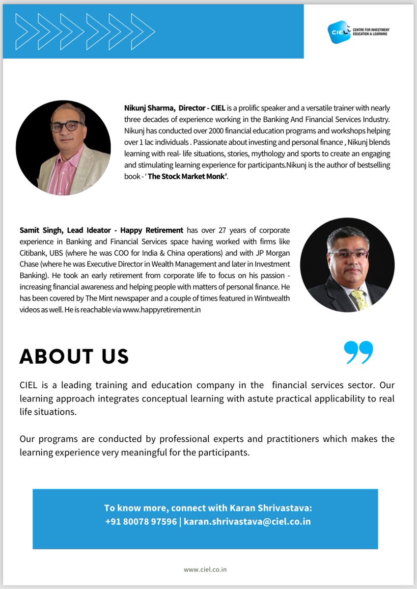 Look forward to this partnership with CIEL (Centre for Investment Education and Learning), Complete Circle Capital Pvt. Ltd. and House of Alpha. 

Retirement Planning is a critical element for planning your life and career well enough. It’s needed much more today than ever
