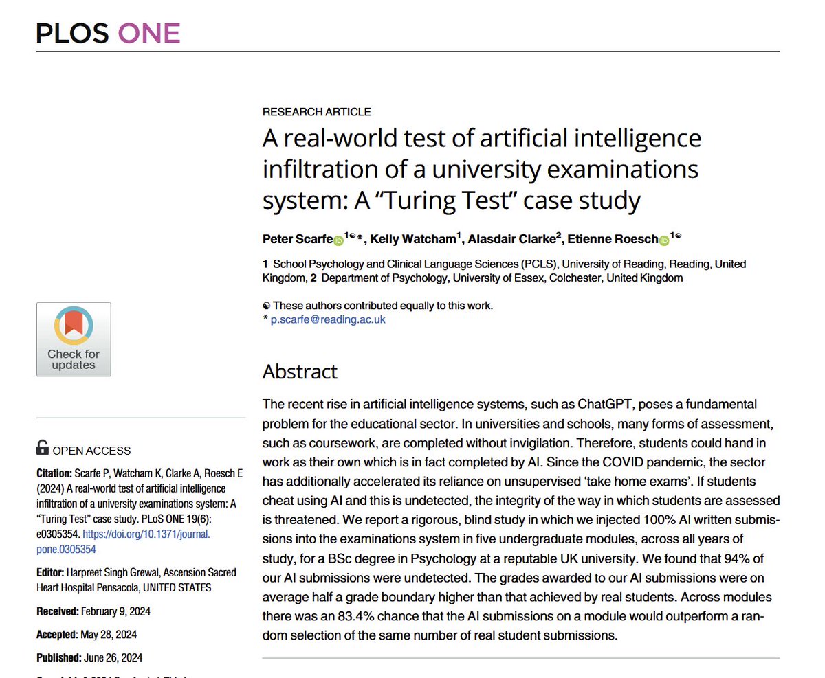 In the break before school, the AI &amp; homework picture:
1) The majority of students are using AI to help with work
2) AI detectors do not work &amp; have biased false positives. Asking the AI about AI use gives false positives.
3) Teachers and graders can't tell when AI is being used.