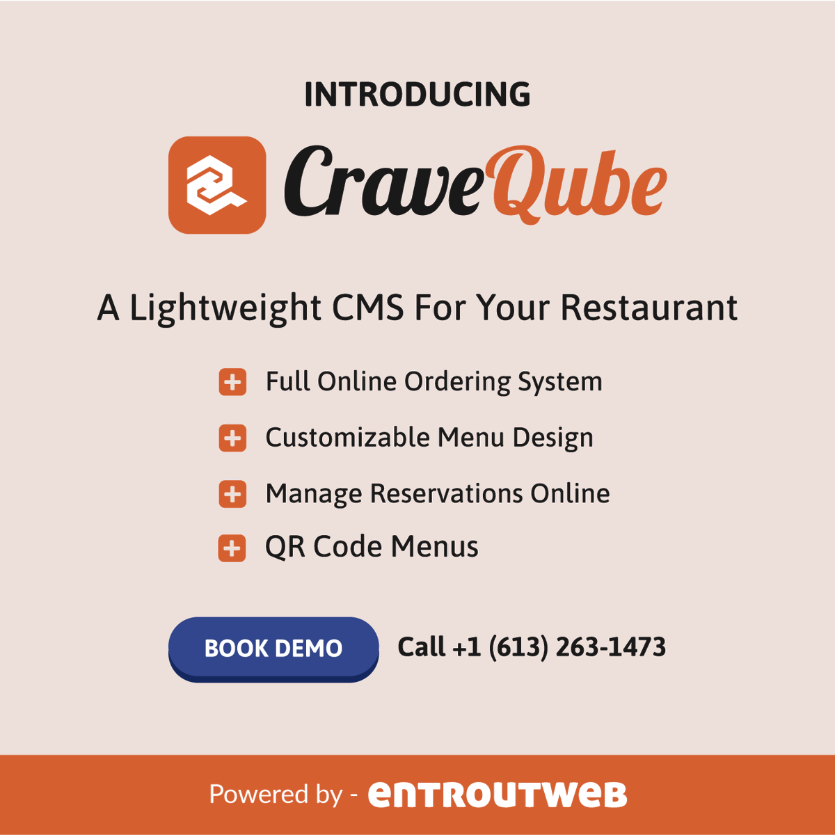 EntroutWeb's tweet photo. Meet CraveQube by EntroutWeb! 🚀 
🍽️ Online Ordering System 
🍽️ Customizable Menus 
🍽️ POS Integration 
🍽️ Online Reservations 
🍽️ QR Code Menus
Boost your restaurant's digital presence! Learn more and book a demo: https://t.co/to9DU4XGEn #CraveQube #OnlineOrdering #RestaurantCMS https://t.co/jv1ePvzrQA