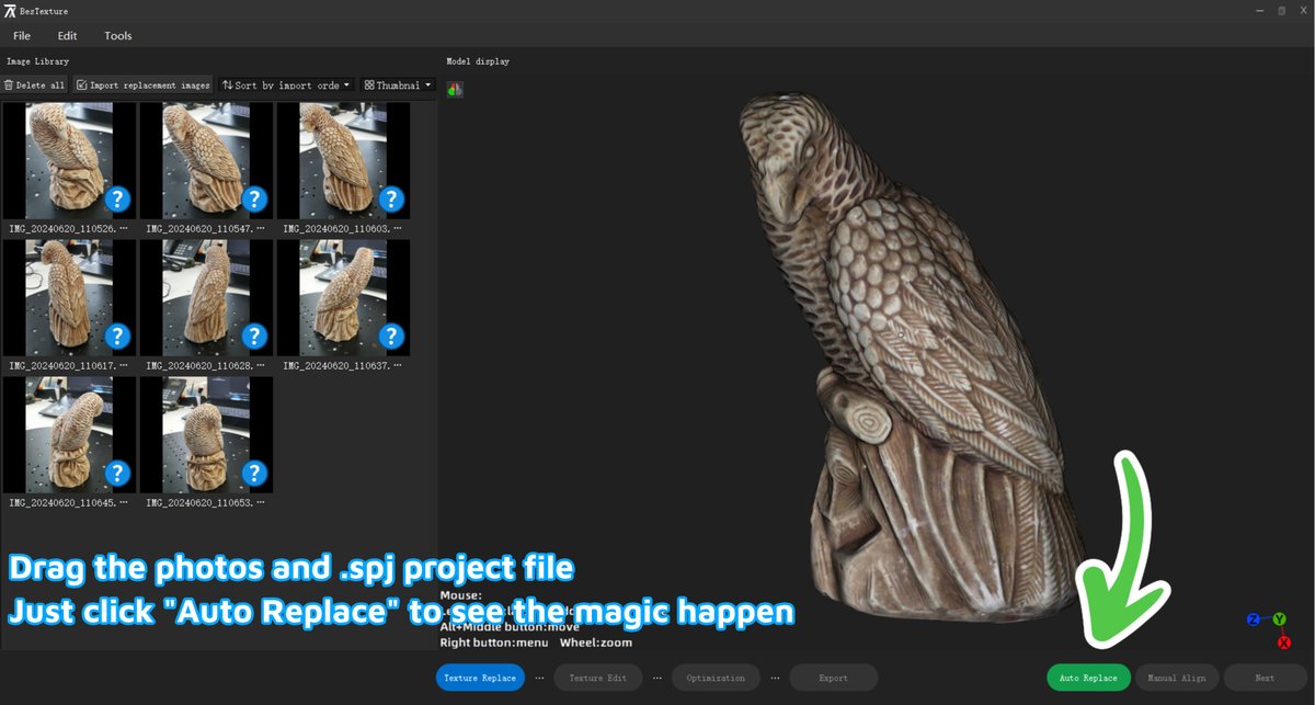3DeVOK's tweet photo. Is creating 3D textures for your models a challenge? Not anymore!
Simply drag the photos and the .spj project file into #BesTexture, click "Auto Replace," and you'll get an accurate and realistic 3D model.
Download now: https://t.co/0xvMSCFmXt
#iReal3D #3dscanning #3dmodeling https://t.co/kwFoA59MFQ