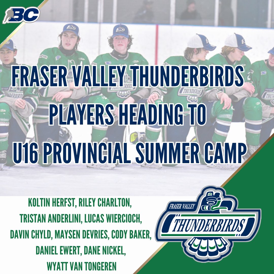 Let’s go tbirds! 

10 Fraser Valley Thunderbirds will head to BC Provincial Summer Camp July 29- Aug 1. 

Let’s go Tbirds! 

<a href="/BCHockey_Source/">BC Hockey</a>