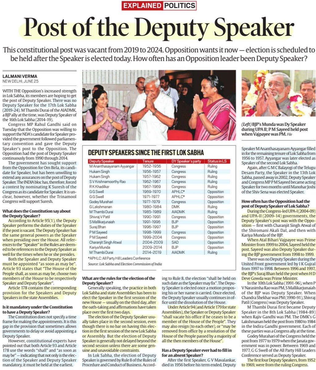 Ravikant Yadav (@imravikantyadav) on Twitter photo 'Post of Deputy Speaker'
:Details by Sh Lalmani Verma
<a href="/LalmaniVerma838/">Lalmani Verma</a>
#DeputySpeaker ,#Constitución provisions, Election process, Role of Dep. Speaker, duties when #Speaker absent &
More info..
#DeputySpeakerElection
#LokSabha
#Politics
#Polity
#UPSC
Source: IE 'Post of Deputy Speaker'
:Details by Sh Lalmani Verma
<a href="/LalmaniVerma838/">Lalmani Verma</a>
#DeputySpeaker ,#Constitución provisions, Election process, Role of Dep. Speaker, duties when #Speaker absent &
More info..
#DeputySpeakerElection
#LokSabha
#Politics
#Polity
#UPSC
Source: IE