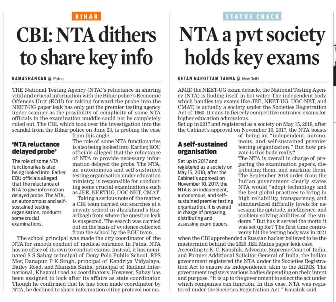 SushantSin's tweet photo. No newspaper has investigated why the head of NTA has remained untouched because of his Parivar connections. https://t.co/tVj7P256qC