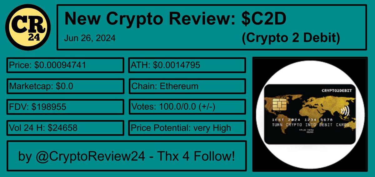 Chad_Pumpiano's tweet photo. 🚨 New Crypto Review: $C2D  
[@Crypto2Debit]

🔎 Turn crypto into debit cards  
⛓️ #Ethereum  
💰 FDV: $199K  
🗃 Category: #DeFi #CryptoPayments #Blockchain

Rating: 4.1/5 ⭐

🆚 Competitors: $ANDY $TURBO $BLAST $KAS $ZRO $ZK $TON $SOL $ETH $DOG $FET $NOT $ARB $PIXEL $ONDO

🧵 Let's take a closer look at Crypto 2 Debit:

🪙 What is Crypto 2 Debit?

Crypto 2 Debit is an Ethereum project that turns your crypto into debit cards. You can use these cards with Apple Pay, Google Pay, and for online shopping. It's like having a regular debit card but spending crypto instead of dollars or euros.

📚 Free Crypto Education

One cool thing about Crypto 2 Debit is their free crypto education. They help newbies learn about crypto, which is great if you're just getting started or want to know more about how it all works.

🛒 How It Works

You load your Crypto 2 Debit card with your crypto (like Ethereum, Solana, or Polygon). Then, you can use the card wherever debit cards are accepted. It's pretty simple and makes spending crypto a lot easier.

📱 Compatibility

These debit cards work with Apple Pay and Google Pay, making it super convenient for mobile payments. You can also use them for online shopping, which is a big plus.

💡 Why It's Different

Unlike some other crypto projects, Crypto 2 Debit focuses on real-world use. It's not just about trading or investing but actually using your crypto for everyday purchases.

🎯 Final Thoughts

Crypto 2 Debit makes spending crypto easy and accessible. The education part is a bonus, helping more people understand and use crypto. Overall, it's a solid project with a lot of potential.

Final Rating: 4.1/5 ⭐

🦎 Coingecko: https://t.co/QRlUr0DRTH

More Reviews 👉 @CryptoReview24  
Thank you for Following!