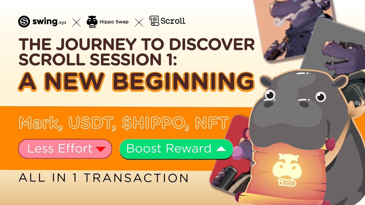 Hippo Swap Odyssey: $500 USDT &amp; 3000 Freemint Allowlist

✨🎉Step into the new chapter of the Scroll Saga and elevate your adventure! 

Link: app.galxe.com/quest/hipposwa…

REWARDS 🎁

✅500 USDT: Top 10 volume on Hippo Bridge
✅3000 NFT Freemint in Hippo Realm
✅10,000 Hippo points