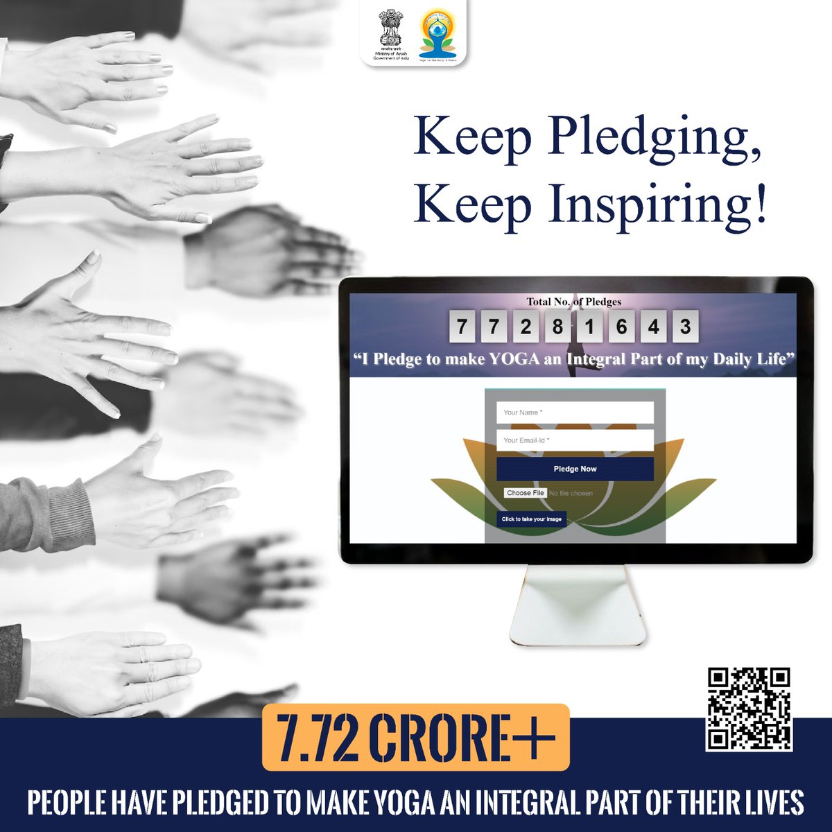moayush's tweet photo. 7.72 Crore+ Pledges and Counting!
Individuals are taking pledge to make Yoga an integral part of their daily lives, and the numbers are still rising!
#IDY2024 #YogaForSelfAndSociety #YogaWithFamily #YogaPledge #Yoga https://t.co/NJCnEkExzH