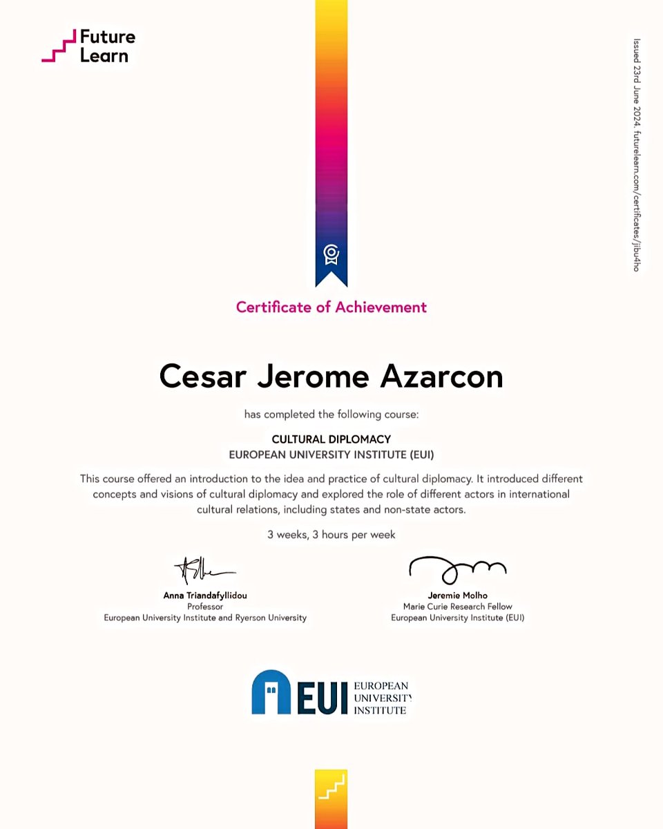 jeromekd's tweet image. Cultural Diplomacy by European University Institute and FutureLearn  
#CulturalDiplomacy #EUI 
#FutureLearn #GUSPhilippines