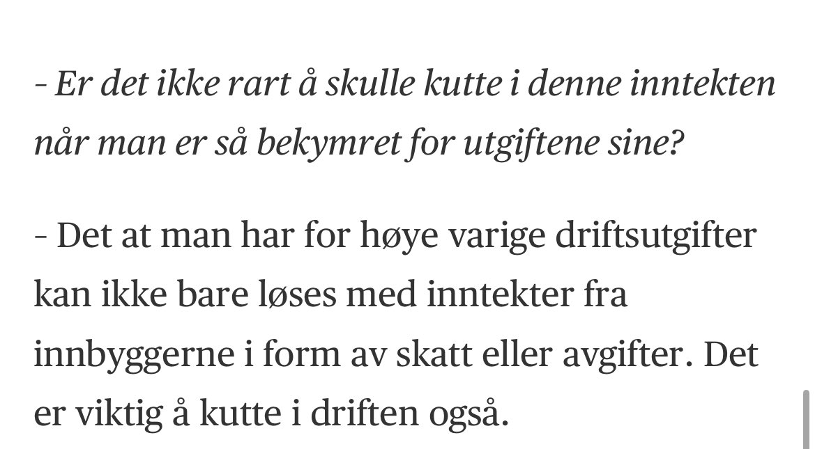 Oslos finansbyråd har frivillig redusert kommunens inntekter ved å kutte i eiendomsskatten, nå sier han at det blir «viktig å kutte i driften også». Verdt å minne om at (store) kutt i driftsbudsjettet også er ei regning som fryktelig fort havner oss innbyggerne.