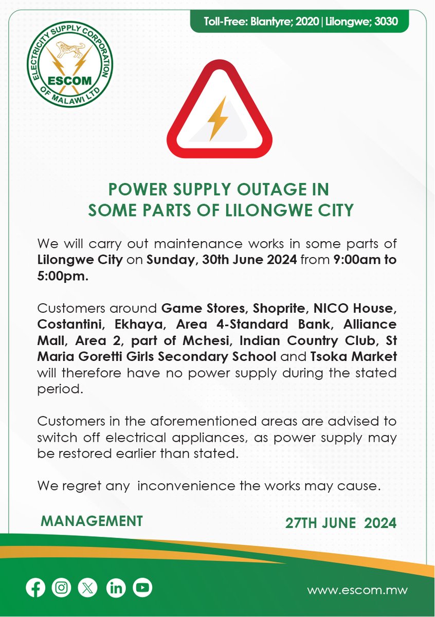 ESCOM_Malawi's tweet photo. POWER SUPPLY OUTAGE NOTICES. https://t.co/wr1703a8N6