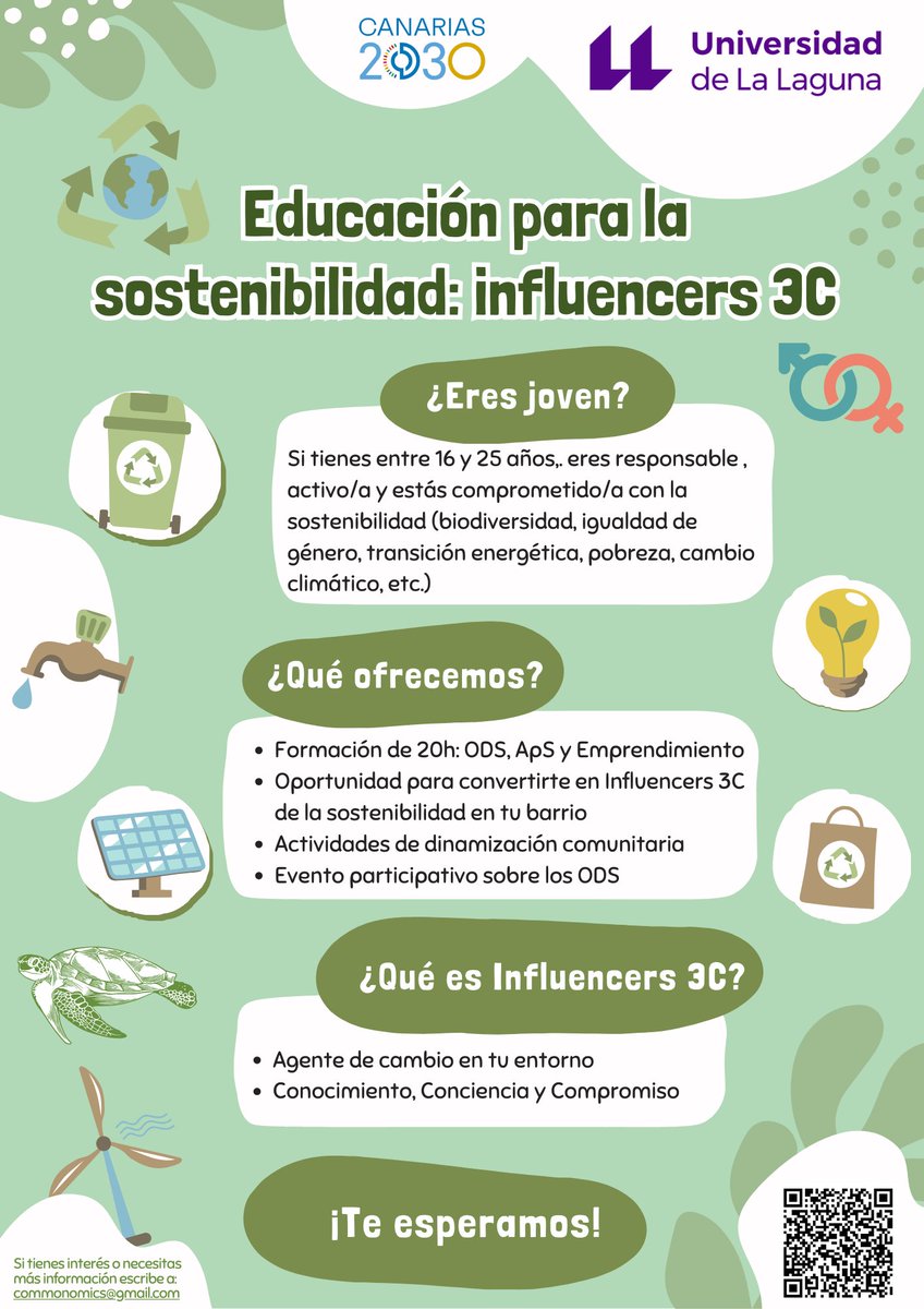 🌍📢¡Atención jóvenes!
Si te apasiona la #sostenibilidad y quieres ser #agentedecambio en tu entorno, ¡este proyecto <a href="/ULL/">Universidad de La Laguna</a> es para ti!💚

Únete a #Influencers3C y recibe formación en ODS, ApS y Emprendimiento

✏️Inscríbete➡️ bit.ly/influencers3c
+ℹ️commonomics@gmail.com