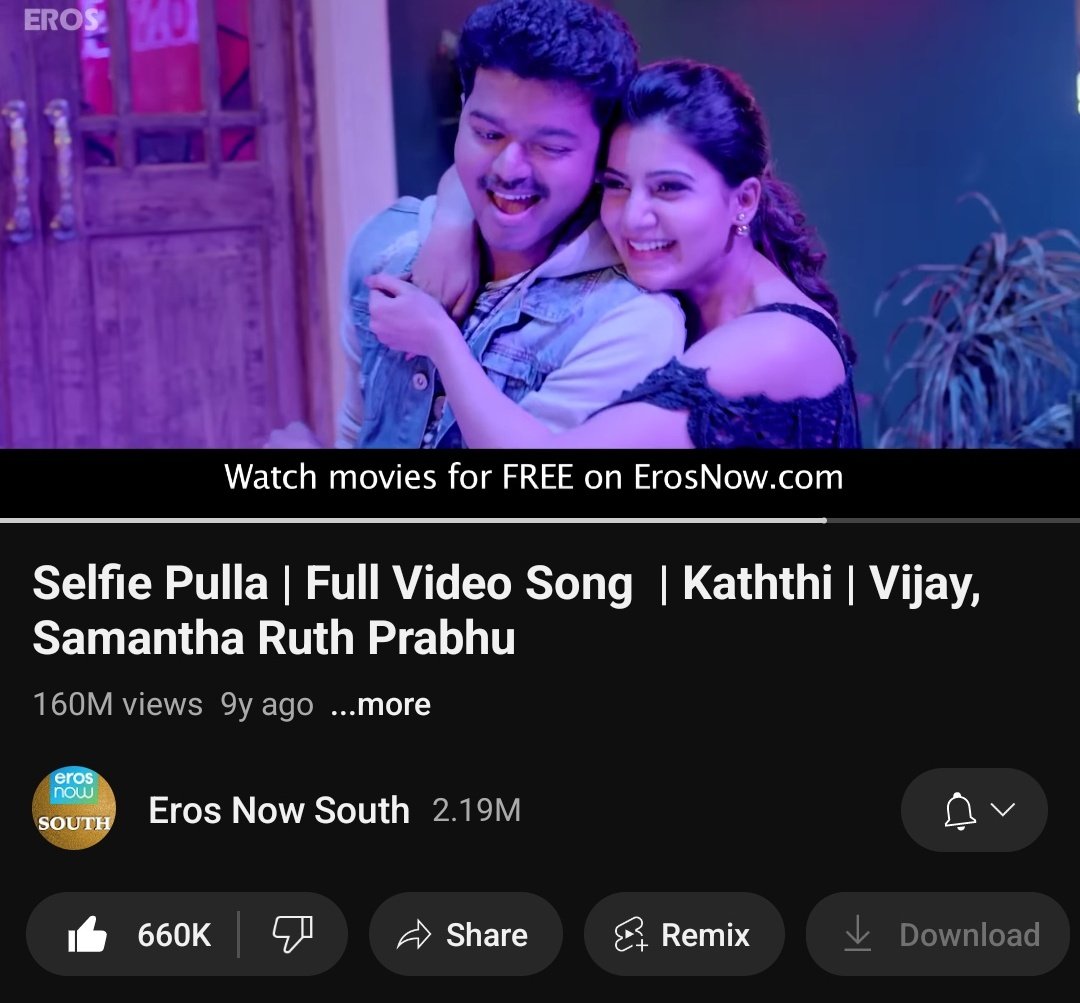 VijayFansUpdate's tweet image. #SelfiePulla Video Song hits Massive 160 Million views with 660K Likes🕺💃 

#Kaththi @actorvijay @Samanthaprabhu2 @ARMurugadoss @anirudhofficial @ErosNowMusic @SonyMusicSouth