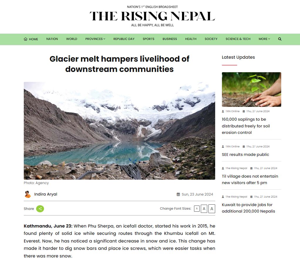 raztuladhar's tweet photo. Himalayas glaciers are MELTING faster than ever, threatening millions downstream.
This is a serious wakeup call on the impact of climate change.
Read the full story by @IndiraSanu: https://t.co/TfwYniXUum
#climatechange #glaciers #Nepal #saveoursnow @icimod https://t.co/ETIIevWadv