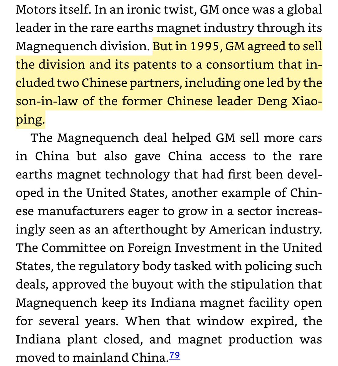 kyleichan's tweet image. GM was once a world leader in rare earth magnets. GM sold off this division to a Chinese consortium to gain a larger share of China’s auto market. This gave China crucial technology for its future EV industry.

From @ErnestScheyder’s book The War Below