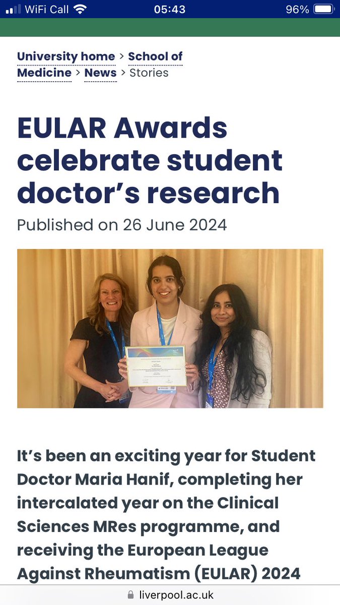 Eve smith (@evemdsmith_eve) on Twitter photo Proud supervisor moment! Huge congratulations to <a href="/mariahanif/">Maria Hanif</a> for winning the <a href="/eular_org/">EULAR</a> 2024 undergraduate medical student award in Vienna. Very well deserved! 🎉🌟See liverpool.ac.uk/medicine/news/… 📰<a href="/EATC4Children/">EATC for Children</a> <a href="/LivUniMedicine/">UoL School of Medicine</a> <a href="/CRFalderhey/">NIHR Alder Hey Clinical Research Facility (CRF)</a> <a href="/MedResFdn/">Medical Research Foundation</a> Proud supervisor moment! Huge congratulations to <a href="/mariahanif/">Maria Hanif</a> for winning the <a href="/eular_org/">EULAR</a> 2024 undergraduate medical student award in Vienna. Very well deserved! 🎉🌟See liverpool.ac.uk/medicine/news/… 📰<a href="/EATC4Children/">EATC for Children</a> <a href="/LivUniMedicine/">UoL School of Medicine</a> <a href="/CRFalderhey/">NIHR Alder Hey Clinical Research Facility (CRF)</a> <a href="/MedResFdn/">Medical Research Foundation</a>
