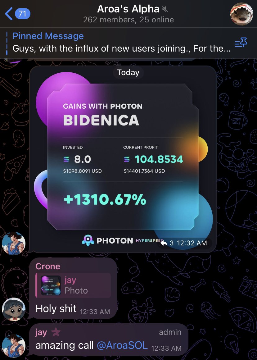 Absolutely AMAZING call in 'Aroa's Alpha'

I called $BIDENICA

50k -> 1.5M (30x)

Just goes to show how many gems are in this tg 🤩

Retweet + Reply if you want to join (picking 3)