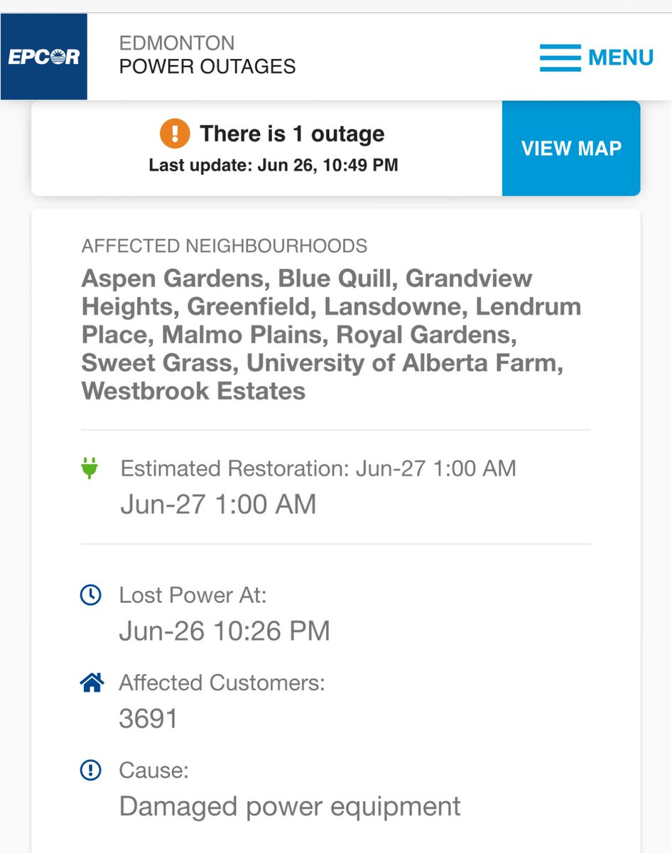 ScottFralick's tweet photo. Power failure in SW #yeg. EPCOR says equipment failed. Power returns #epcor claims at 1am https://t.co/alkAm0ae0K