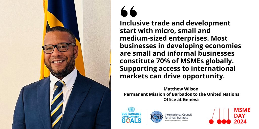 Inclusive trade and development start with MSMEs. Supporting their access to international markets can drive opportunity. 

Matthew Wilson, Permanent Mission of Barbados to the UN Office at Geneva 

#MSMEsDay #InclusiveTrade #SDGs #GlobalDevelopment