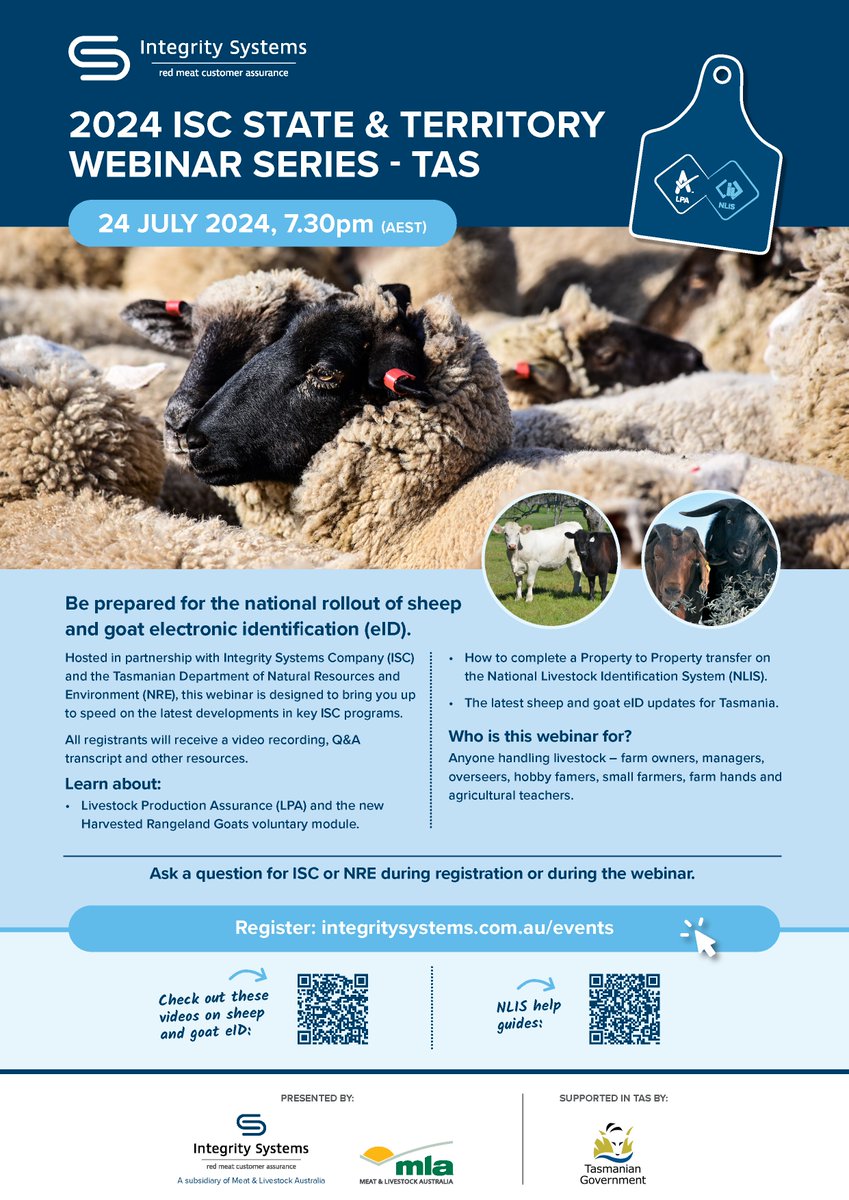 NRM SOUTH (@nrmsouth) on Twitter photo Biosecurity Tasmania and Integrity Systems Company  are presenting a webinar for sheep and goat owners on July 24. The webinar will cover the National Livestock Identification System, with a focus on sheep and goat electronic identification. Register:  us02web.zoom.us/webinar/regist… Biosecurity Tasmania and Integrity Systems Company  are presenting a webinar for sheep and goat owners on July 24. The webinar will cover the National Livestock Identification System, with a focus on sheep and goat electronic identification. Register:  us02web.zoom.us/webinar/regist…