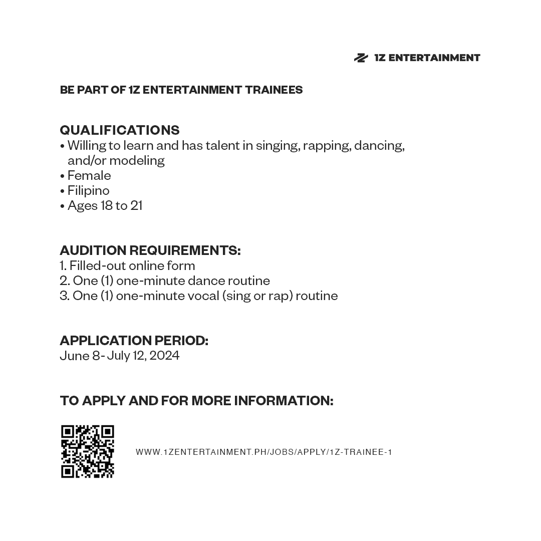 ⚫️ 1Z ENTERTAINMENT GIRL GROUP AUDITIONS EXTENSION

Last chance to join as 1Z Entertainment Trainees!

Audition deadline extended until July 12, 2024.

Find more details at: 1zentertainment.ph/jobs/1z-traine…

#1ZEntertainment #1ZGirlGroupAudition2024 #1ZTrainees