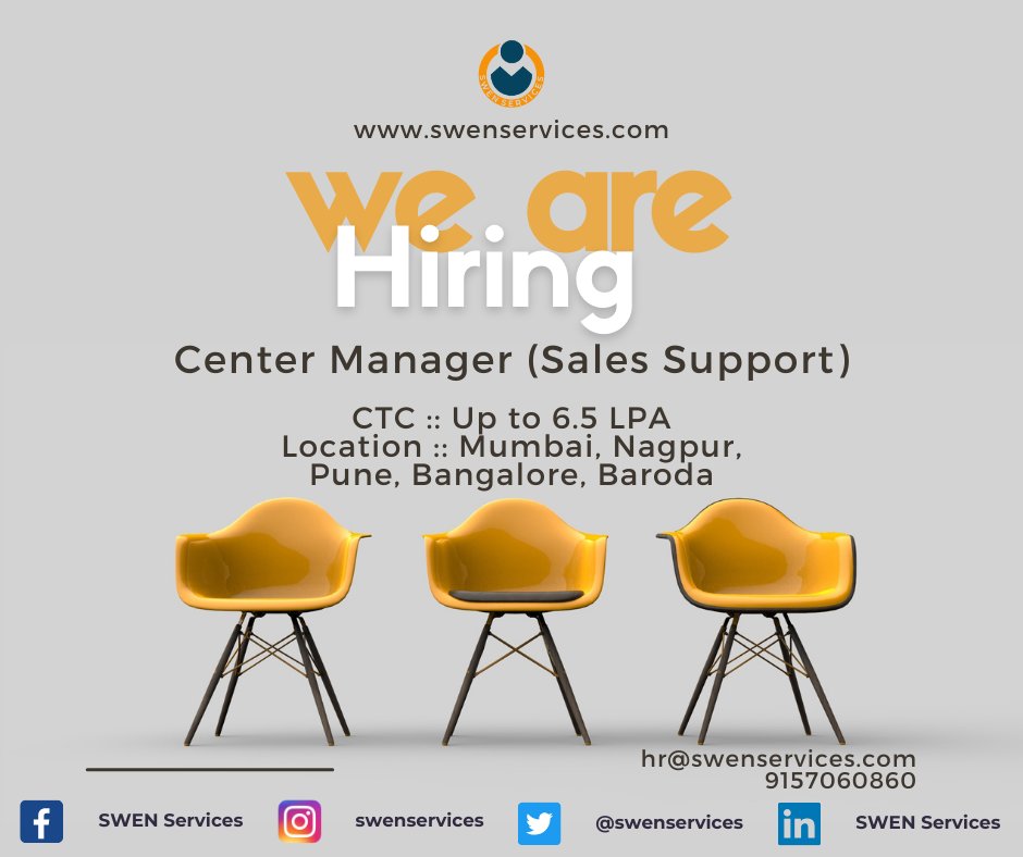 Swenservices's tweet photo. #hiring #centermanager #salessupport
Hey there,
SWEN Services is hiring for Sales Support role,
Multiple locations available,
CTC :: Up to 6.5 LPA + Incentives + Allowances
Need more than 5 years of experience in insurance channel sales.
Call or share your resume on 9157060860 https://t.co/8zknP58PNe