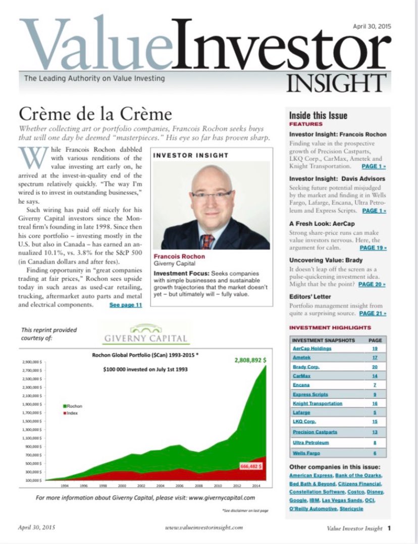 F_Compounders's tweet image. Francois had returned 15.7% annually since 1993. 

Here is a Value Investor Insight interview he did. 

He goes into 3 of his investments