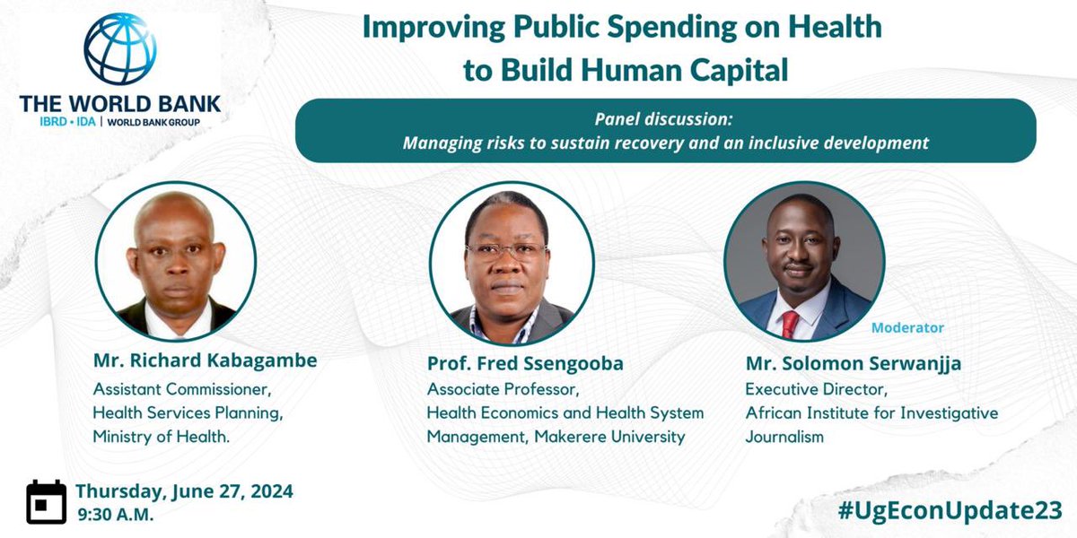 SolomonSerwanjj's tweet photo. I am excited to moderate the launch of the @WorldBankAfrica @Uganda4Dev Uganda Economic Update report under the theme “Improving Public Spending on Health to Build Human Capital.” 

Follow the #UGEconUpdate23 for updates. https://t.co/QLzNPztvds
