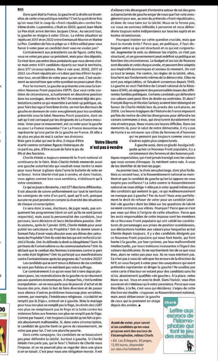 Juste édito de <a href="/Charlie_Hebdo_/">Charlie Hebdo</a> 
« Votre liberté n’est pas à vendre » 
#RougeBrun