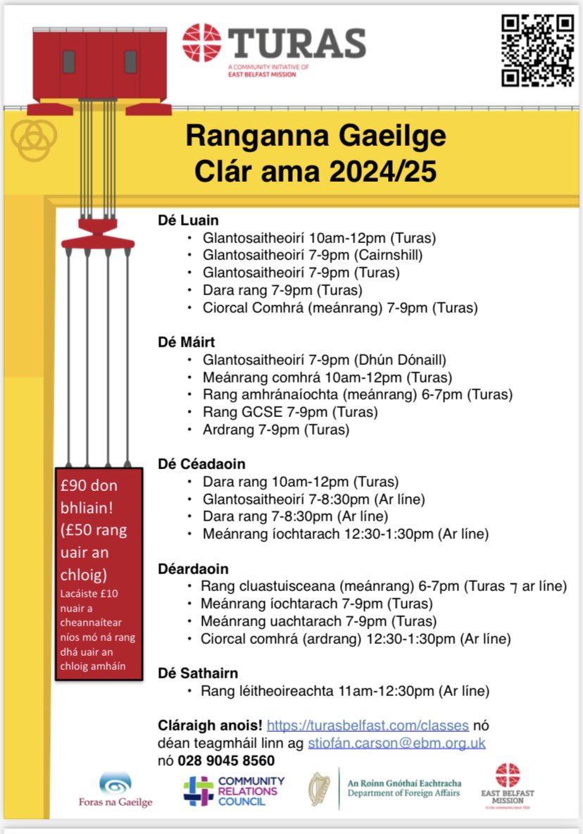 Our new Irish classes are available to book online. Starting from 16th September, total beginners to Ardrang, in person and online.  turasbelfast.com/classes/