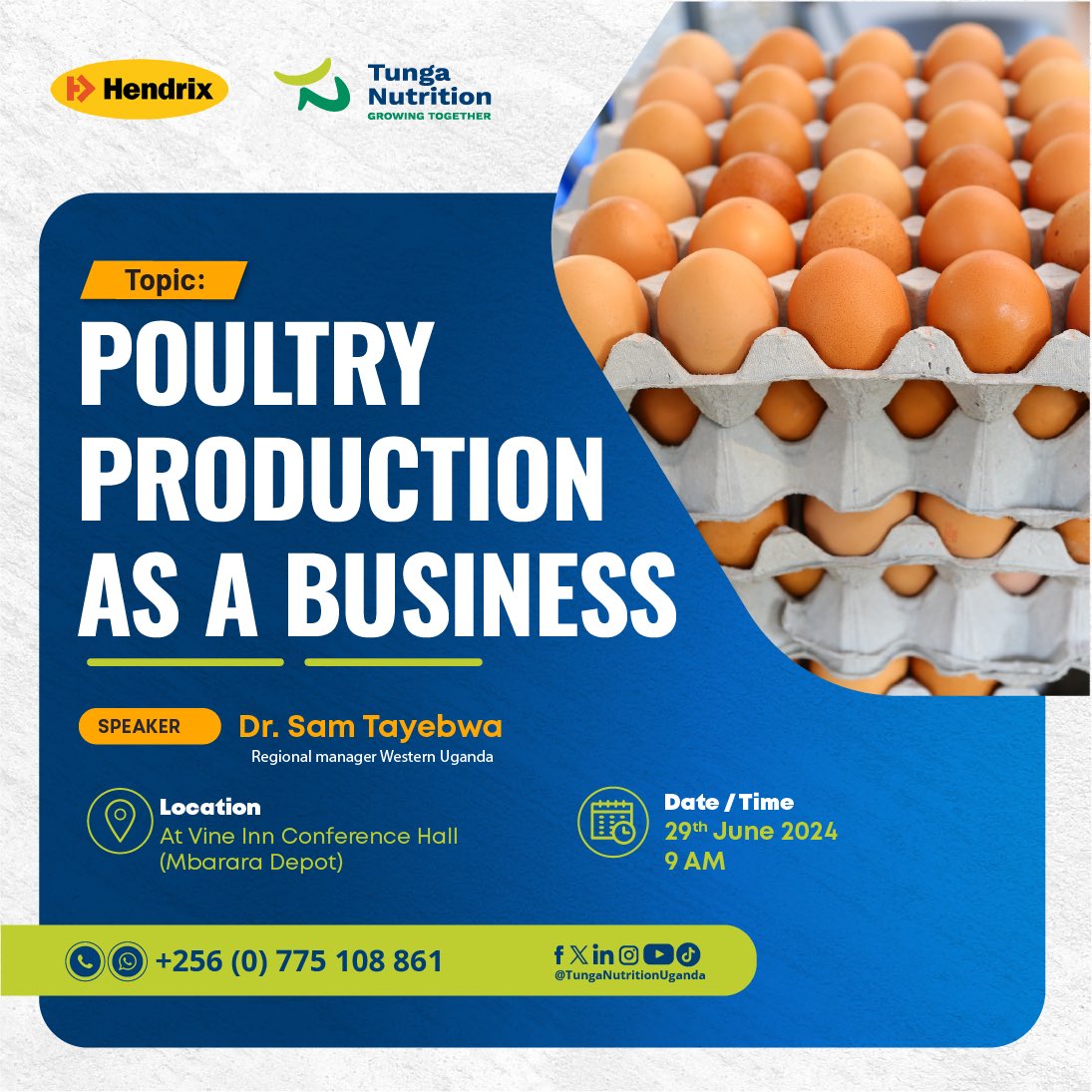Hello our Mbarara poultry farmers, we ‘re excited to announce a FREE farmer's training session happening at Vine Inn Conference Hall on June 29th, 2024, at 9am! 
Join us for insightful discussions and expert advice on how to boost your poultry business and increase yields. Our