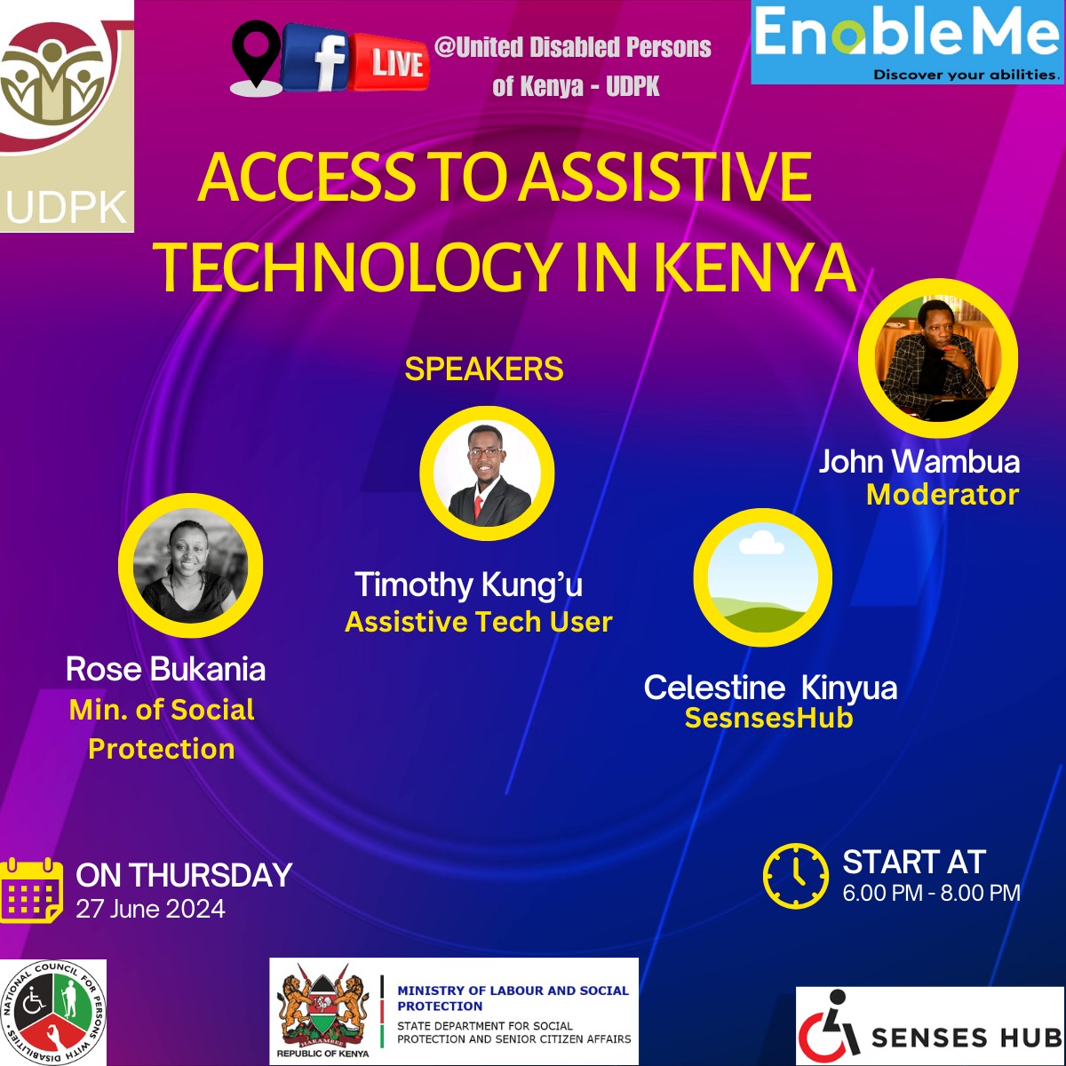 Panel discussion with experts from SensesHub, NCPWD, and the <a href="/LabourSPKE/">Ministry of Labour and Social Protection</a> . Facebook Live. Don't miss their insights on #AssistiveTech
#DisabilitySupport
#ATSession