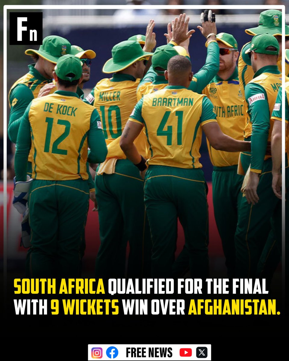 FreeNews365's tweet photo. South Africa qualified for the final with 9 wickets win over Afghanistan.

#India  #INDvsENG #asiacup #cricket #news #bcci #T20WorldCup #t20 #icc #freenews  #AFGvsSA https://t.co/mKjChkFJsQ