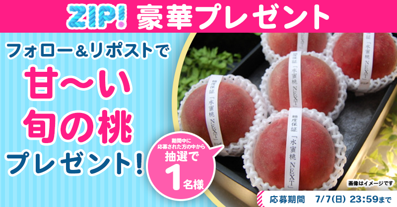 ZIP_TV's tweet photo. 🌅朝は #ZIP! でスマイル🎀

■━━━━━━━━━━━━■
　　　甘～い旬の桃
　プレゼントキャンペーン
　　　　　1️⃣日目❣
■━━━━━━━━━━━━■

📝応募方法📪
1️⃣@ZIP_TV をフォロー▶
2️⃣この投稿をリポスト🔁
➕毎日参加で当選率UP⤴

今すぐリポストで参加してね❣
💙
👐#ZIP