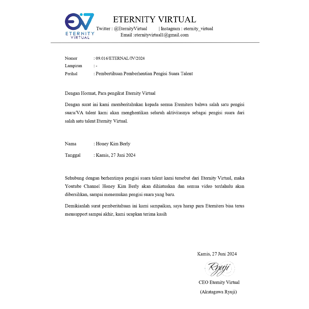 EternityVirtual's tweet image. 〔 ANNOUNCEMENT 〕

Pengumuman hiatus dari talent kami @honeykimberly_  dikarenakan VA yang mengundurkan diri pada 27 Juni 2024 karena kesibukan di dunia nyata yang tidak bisa diganggu gugat

Terima kasih atas perhatiannya.