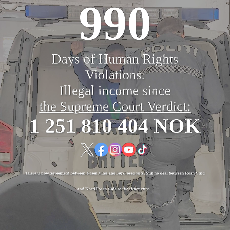 990 days and counting!
Renewables are essential, but not at the cost of indigenous peoples. #SustainableDevelopment #Fosen #SamiRights #JusticeOverMoney
bit.ly/spcfosen
bit.ly/fosenticker