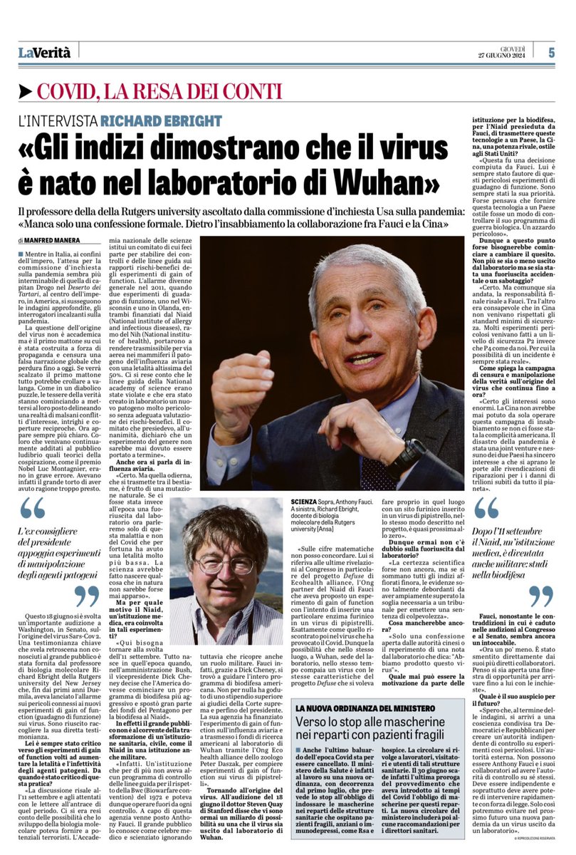 AStramezzi's tweet photo. Lo sostengo da quattro anni e davanti al Parlamento Europeo (ICS III), seduto alla mia sinistra, David Martin lo ha dimostrato con i documenti della FDA del 2018, che vanno oltre (“il nuovo Virus SARS, ottenuto con la gain of function, potrebbe uscire da Wuhan, casualmente o deliberatamente”).
Ora arriva ad accettarlo anche l’Accademia.
Meglio tardi che mai.
