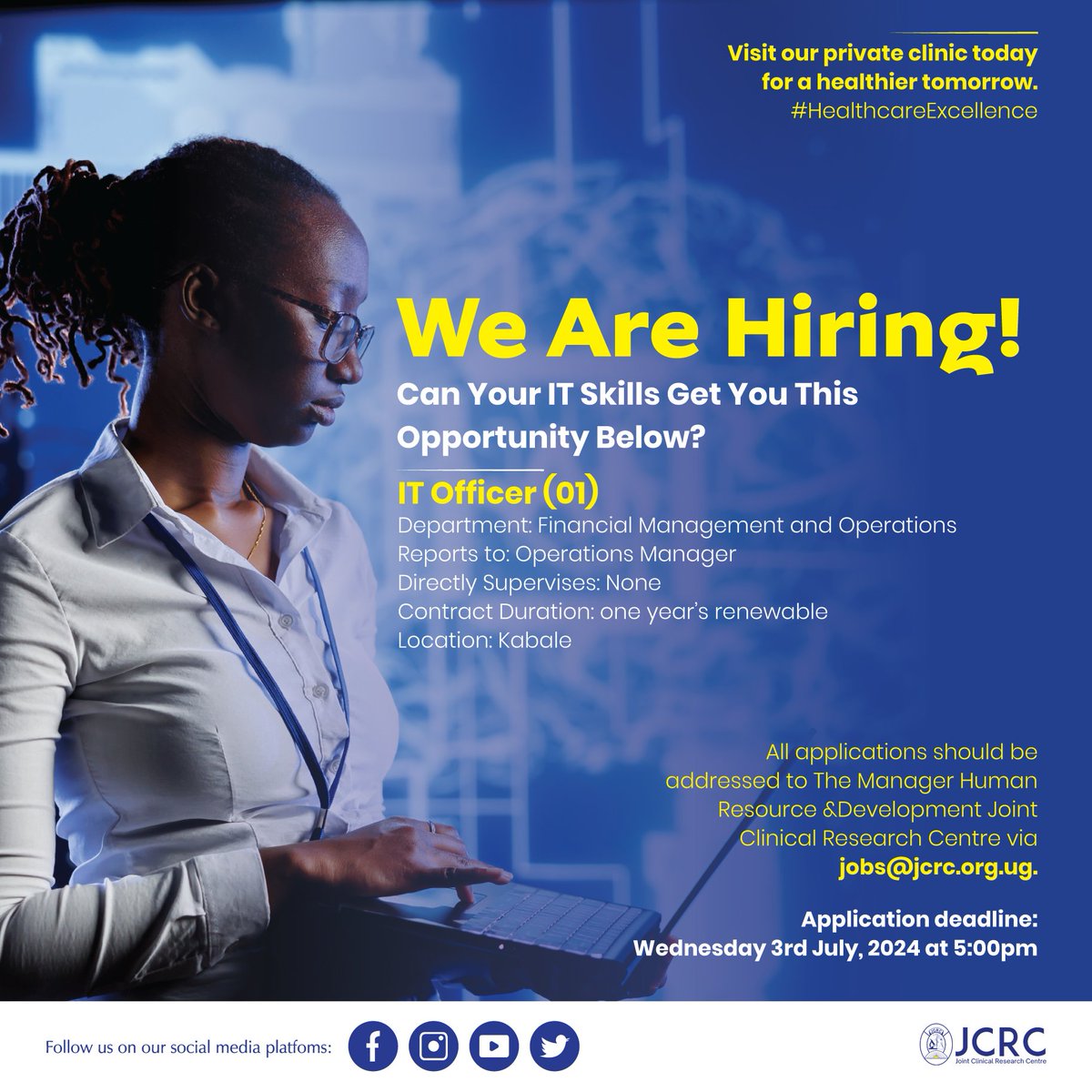 We are hiring!

Joint Clinical Research Centre seeks to recruit dynamic, motivated and innovative candidate for the Position of IT Officer – in the USAID LPHS Kigezi &amp; Lango project based in Kigezi. For more information, please click on the link below;
jcrc.org.ug/opportunities/