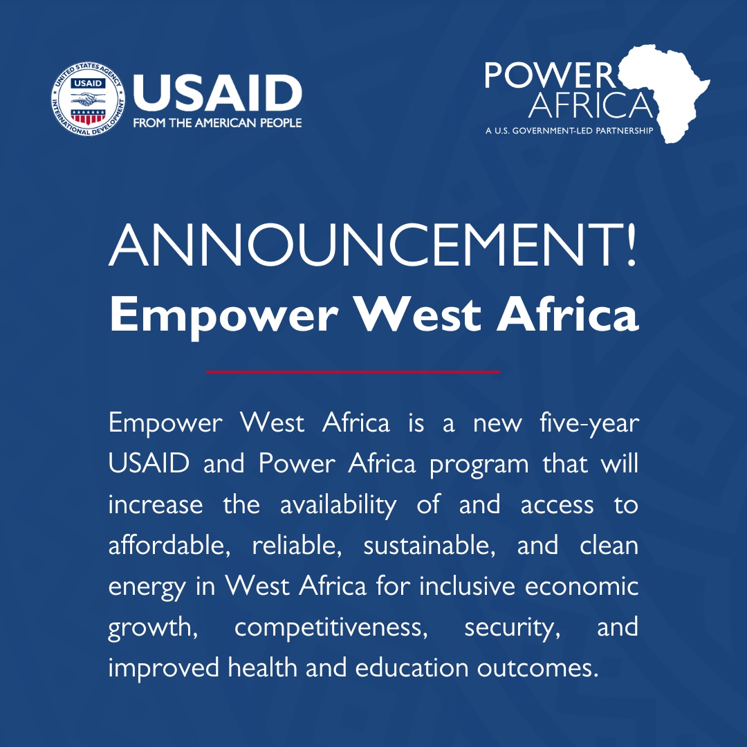 ANNOUNCEMENT | Power Africa &amp; <a href="/USAID/">USAID</a> launch🆕Empower West Africa activity to:

-Enable 2,500 MWs of generation capacity
-Add 6M new electrical connections
-Construct 1,500 km new transmission lines

READ MORE: ow.ly/Ec6m50SqC4k

<a href="/USAIDWestAfrica/">USAID West Africa</a> <a href="/USAIDAfrica/">USAID in Africa</a> <a href="/AfricaMediaHub/">US Africa Media Hub</a>