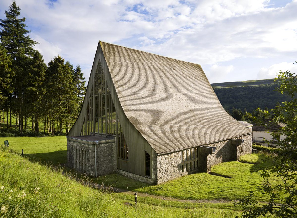 This chapel near Kettlewell, North Yorkshire was built in 1961 by architect George Pace in a Scandinavian style with an impressive steep pitched roof.

This is thought to be one of Pace's best churches, and was designed to use local materials 'to appear to grow out of the dale'.