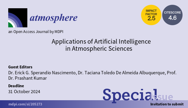 Atmosphere_MDPI's tweet photo. 📢#Special_Issue Open for Submission!
Applications of #Artificiallntelligence  in Atmospheric Sciences,
guest edited by Dr. Erick G. Sperandio Nascimento @ericksperandio, Dr. Taciana Toledo De Almeida Albuquerque and Prof. Dr. Prashant Kumar
https://t.co/PrtmUD1i7m
#AirPollution https://t.co/GWlT5gLAL4