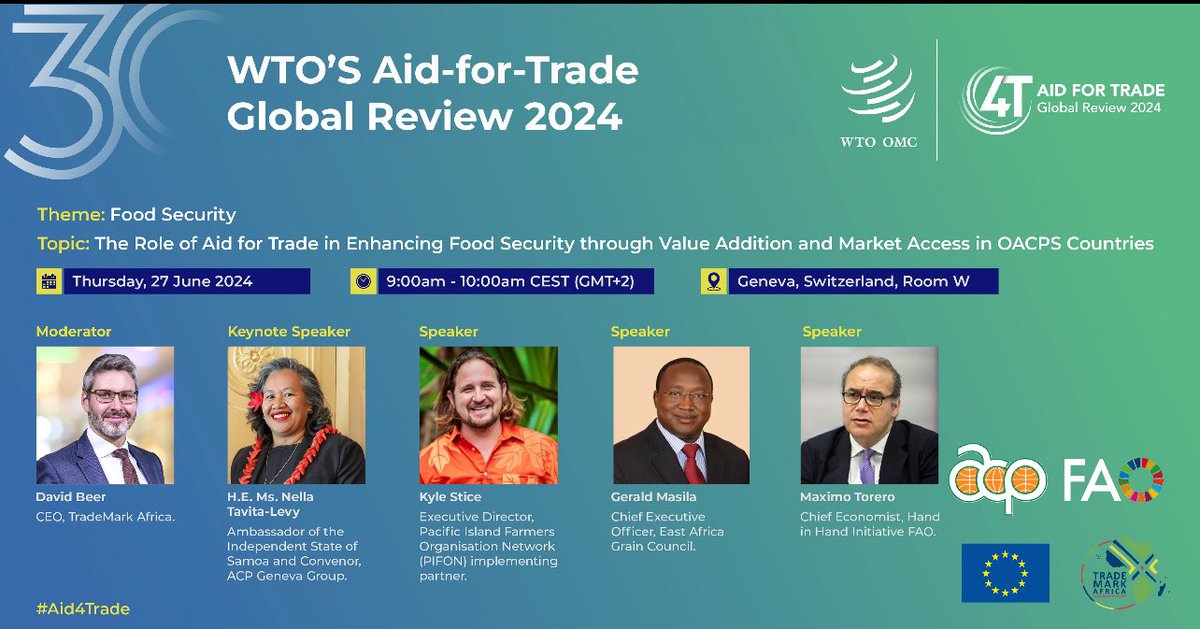 TradeMark Africa (@trademarkafrica) on Twitter photo . #Trade4FoodSecurityat @WTO #Aid4Trade.
🗓️Join us from 9:00am today in Geneva 4 a showcase of how OACPS-EU trade progs & TMA, <a href="/FAO/">Food and Agriculture Organization</a> facilitation progs are enabling market access & food quality in the Pacific & #EastAfrica. Don't miss out on solutions that make a real difference . #Trade4FoodSecurityat @WTO #Aid4Trade.
🗓️Join us from 9:00am today in Geneva 4 a showcase of how OACPS-EU trade progs & TMA, <a href="/FAO/">Food and Agriculture Organization</a> facilitation progs are enabling market access & food quality in the Pacific & #EastAfrica. Don't miss out on solutions that make a real difference