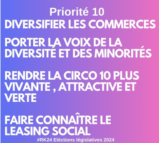 ReineKouete's tweet photo. Voici la priorité 10 dernière de la longue série de priorités que nous avons présenté pour @AssembleeNat
✅Porter la voix de la #diversité et des #minorités
✅Faire connaître le #leasing #social
✅#Diversifier les #commerces locaux
#RK24 #legislatives2024 #Ilestempsdechanger https://t.co/JAKoNElukt
